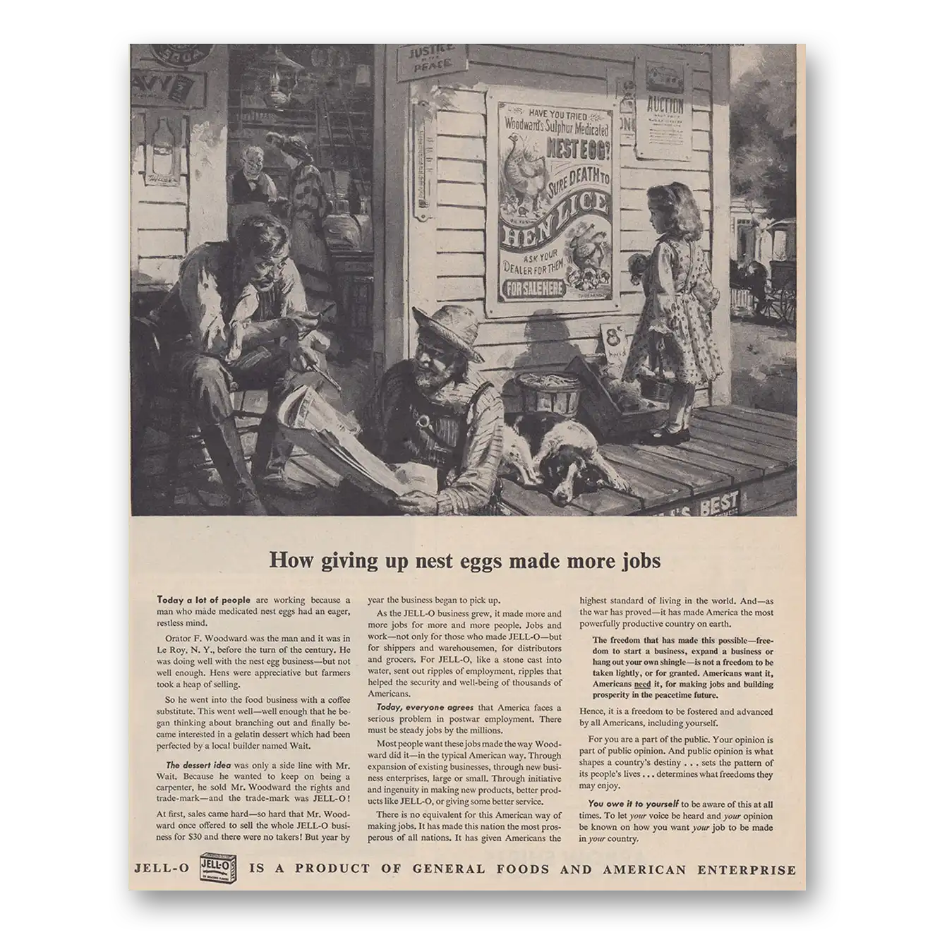 1946 Jell-O How Giving Up Nest Eggs Made More Jobs Vintage Magazine Print Ad