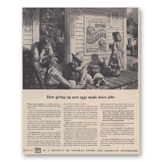 1946 Jell-O How Giving Up Nest Eggs Made More Jobs Vintage Magazine Print Ad