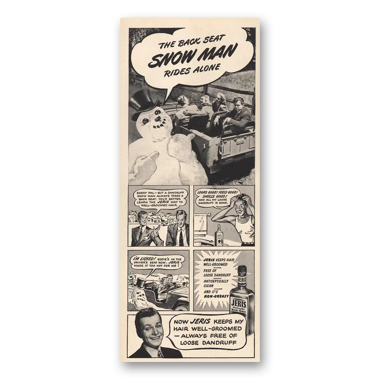 1946 Jeris Hair Tonic Back Seat Snow Man Rides Alone Vintage Magazine Print Ad