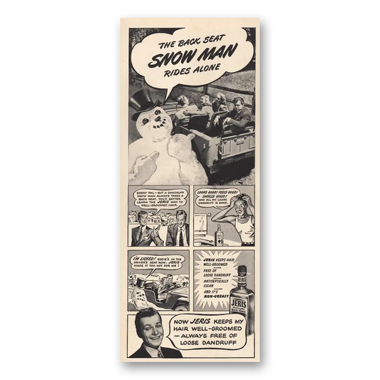 1946 Jeris Hair Tonic Back Seat Snow Man Rides Alone Vintage Magazine Print Ad