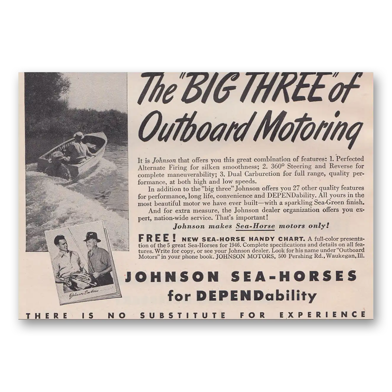 1946 Johnson Sea Horse Motors Big Three of Outboard Motoring Vintage Magazine Print Ad