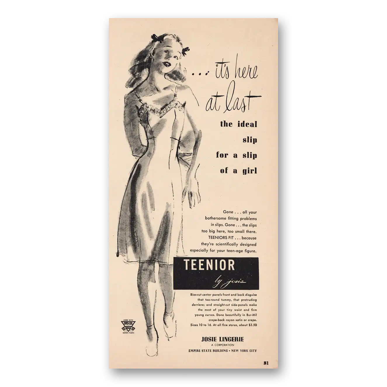 1946 Josie Lingerie Teenior Slip for Slip Of Girl Vintage Magazine Print Ad