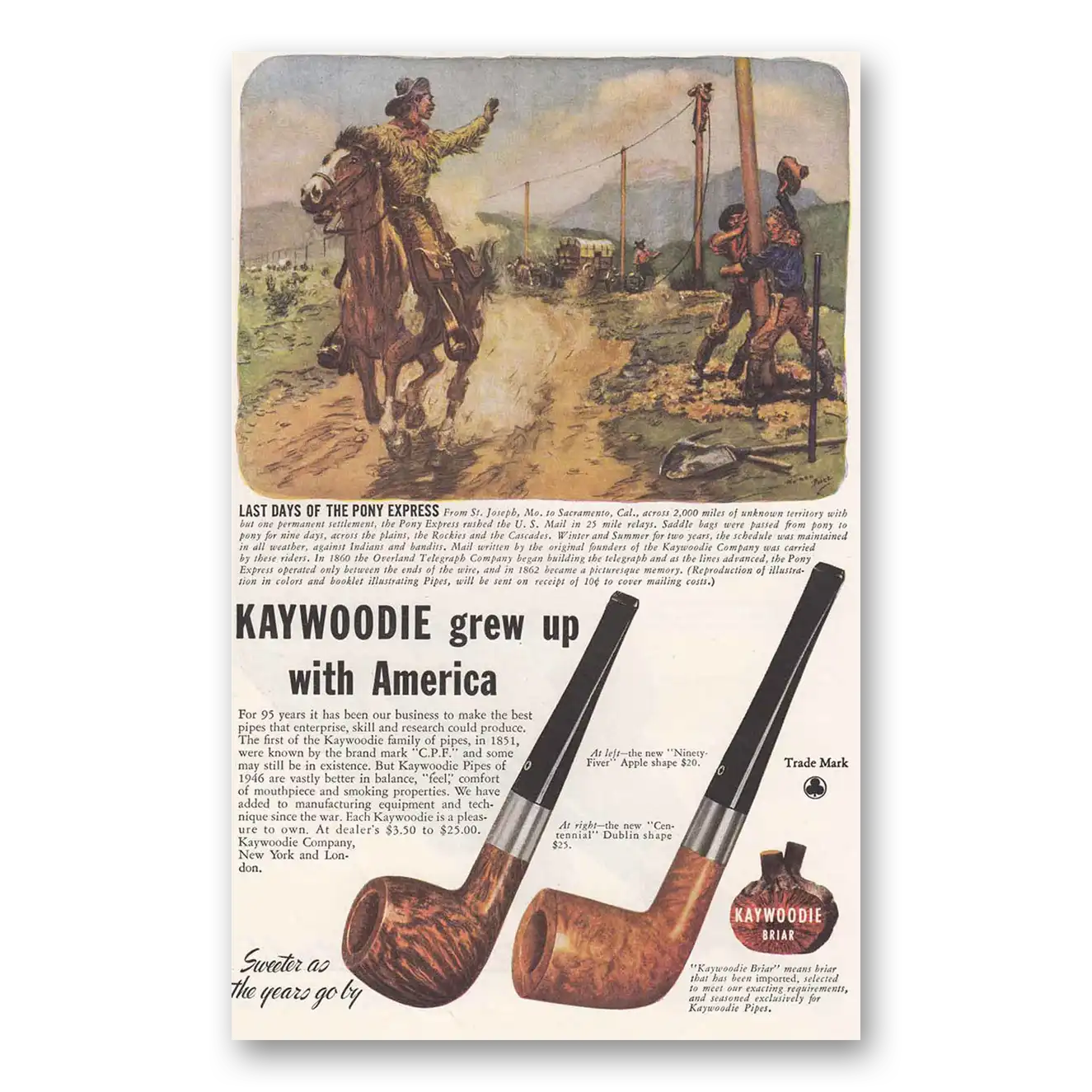 1946 Briar Pipe Pony Express Vintage Magazine Print Ad