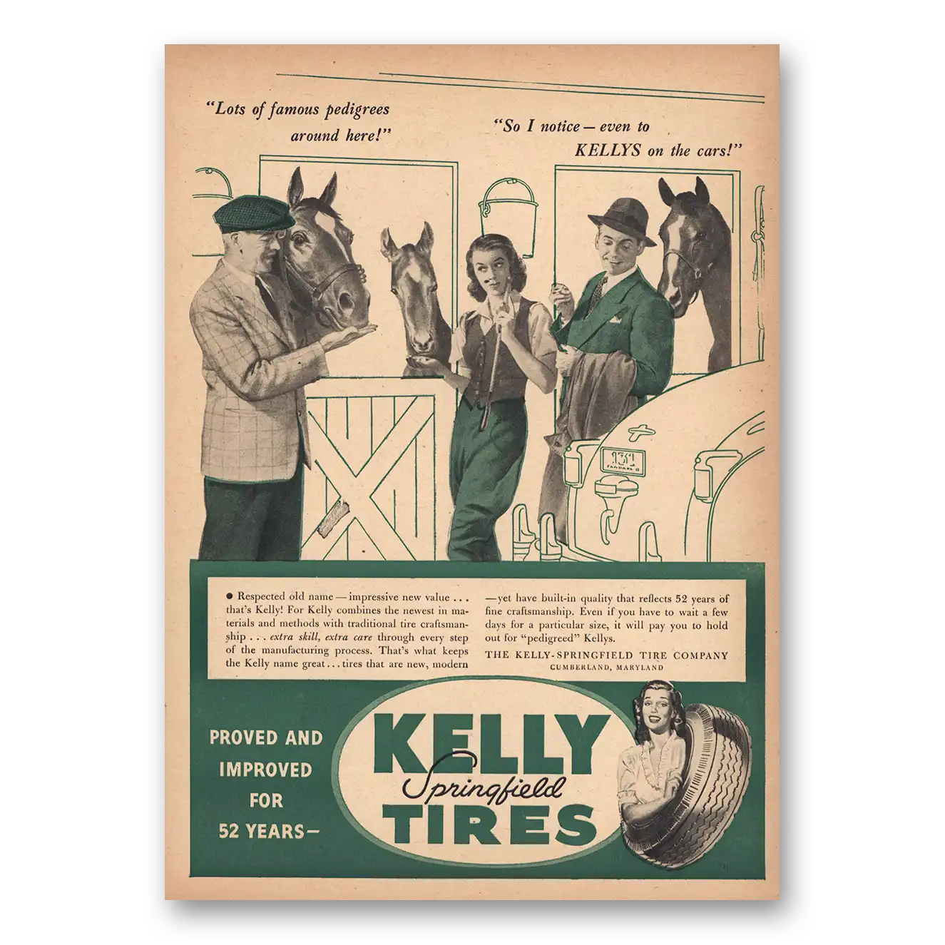 1946 Kelly Springfield Tires Lots of Famous Pedigrees Vintage Magazine Print Ad