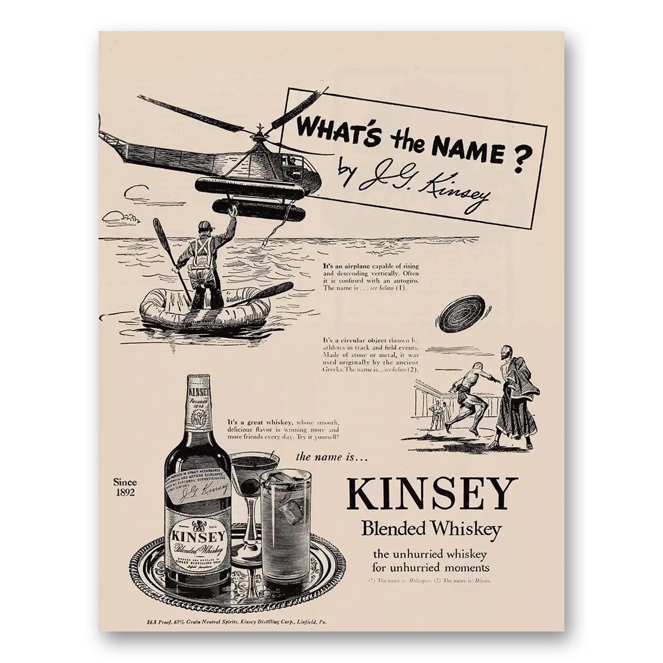 1946 Kinsey Whiskey Whats the Name Vintage Magazine Print Ad