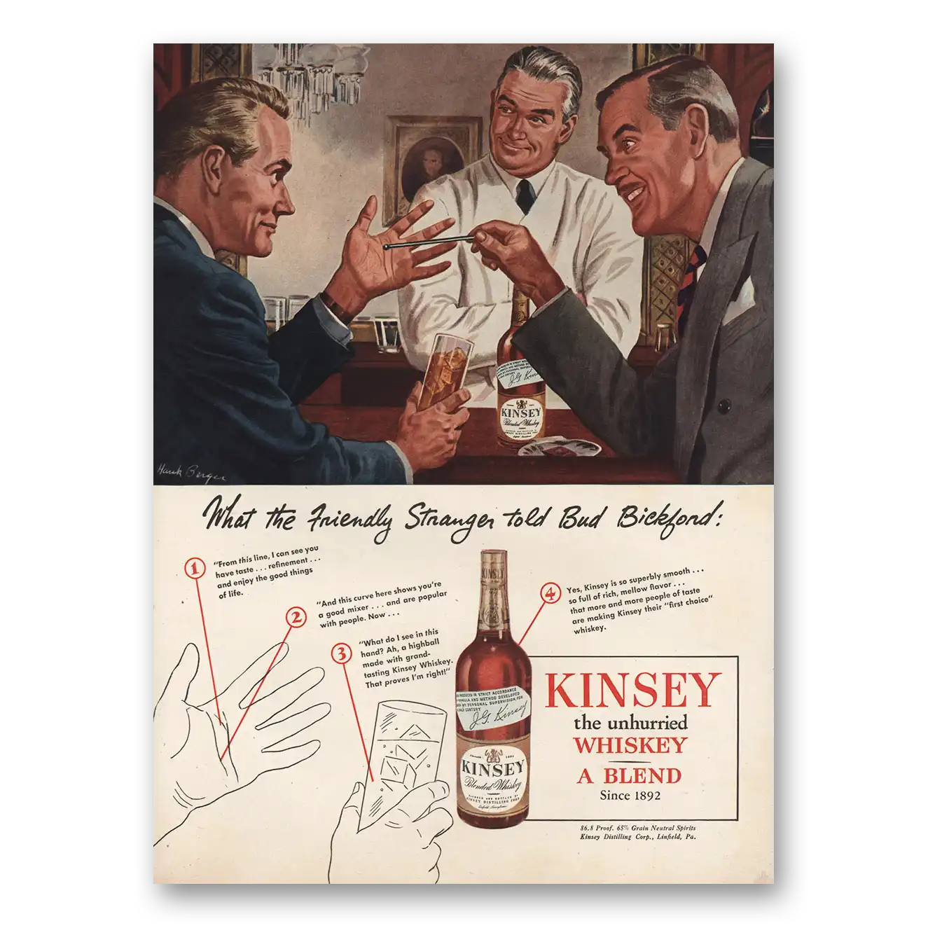 1946 Kinsey Whiskey Friendly Stranger Told Bud Bickford Vintage Magazine Print Ad