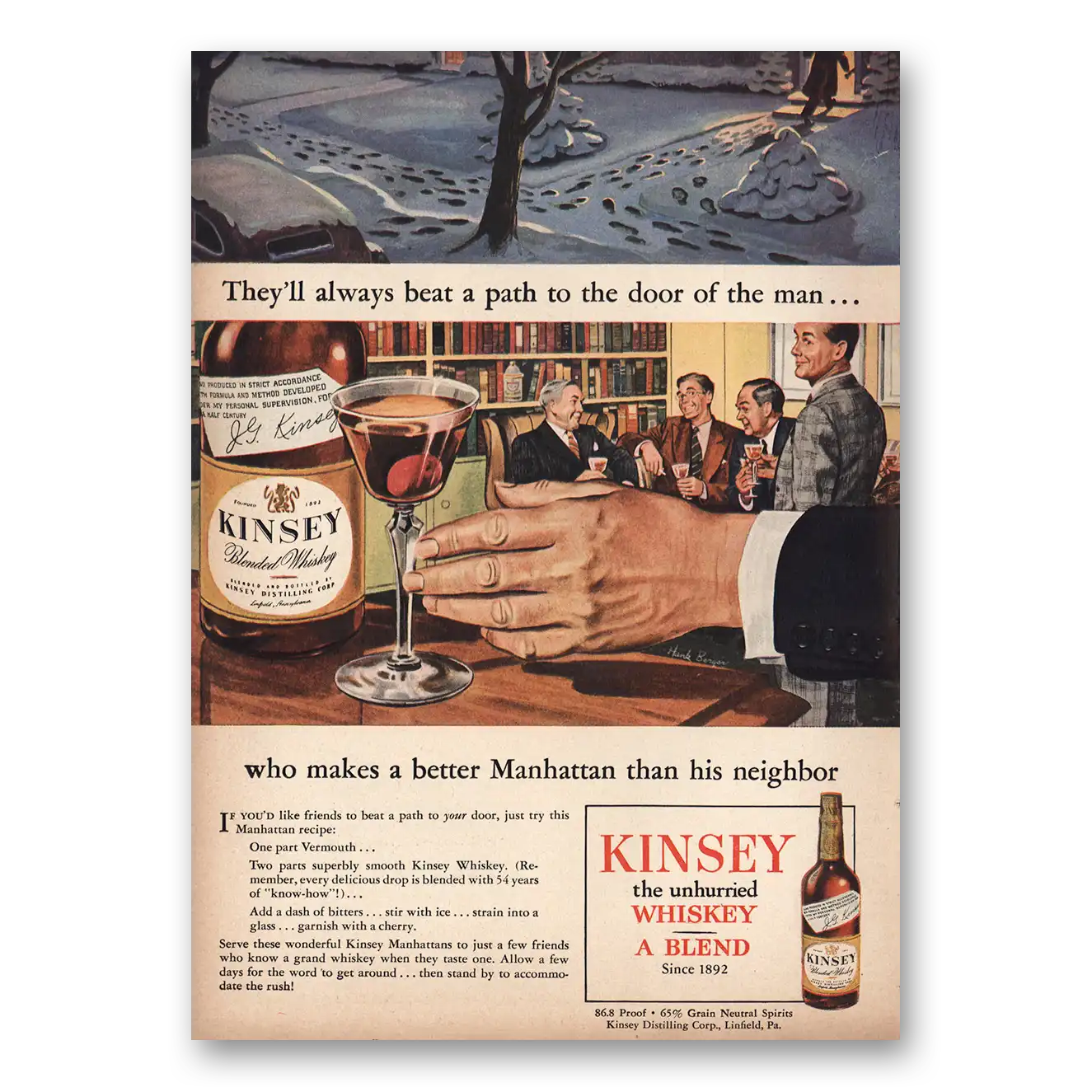 1946 Kinsey Whiskey Beat Path to the Door Vintage Magazine Print Ad