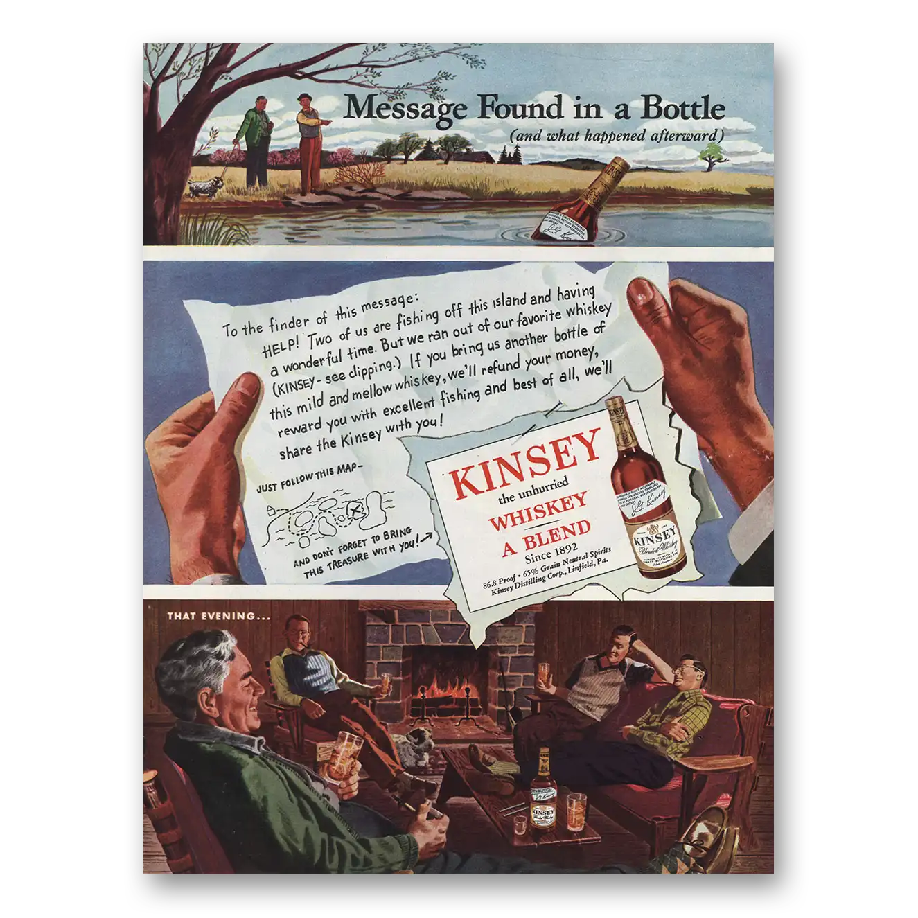 1946 Kinsey Whiskey Message In Bottle Vintage Magazine Print Ad