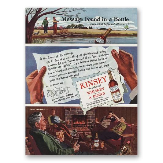 1946 Kinsey Whiskey Message In Bottle Vintage Magazine Print Ad