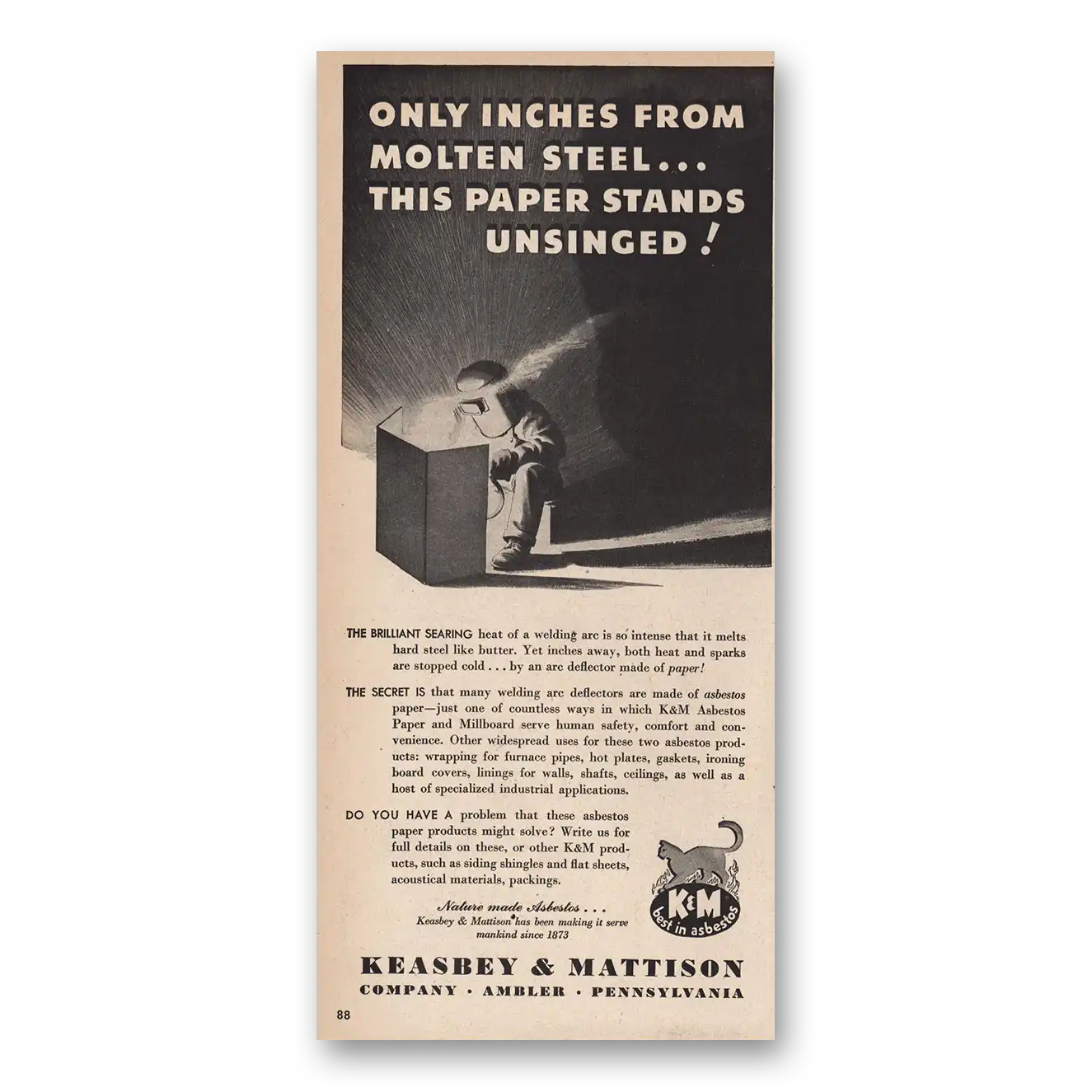 1946 Keasbey & Mattison Only Inches From Molten Steel Vintage Magazine Print Ad