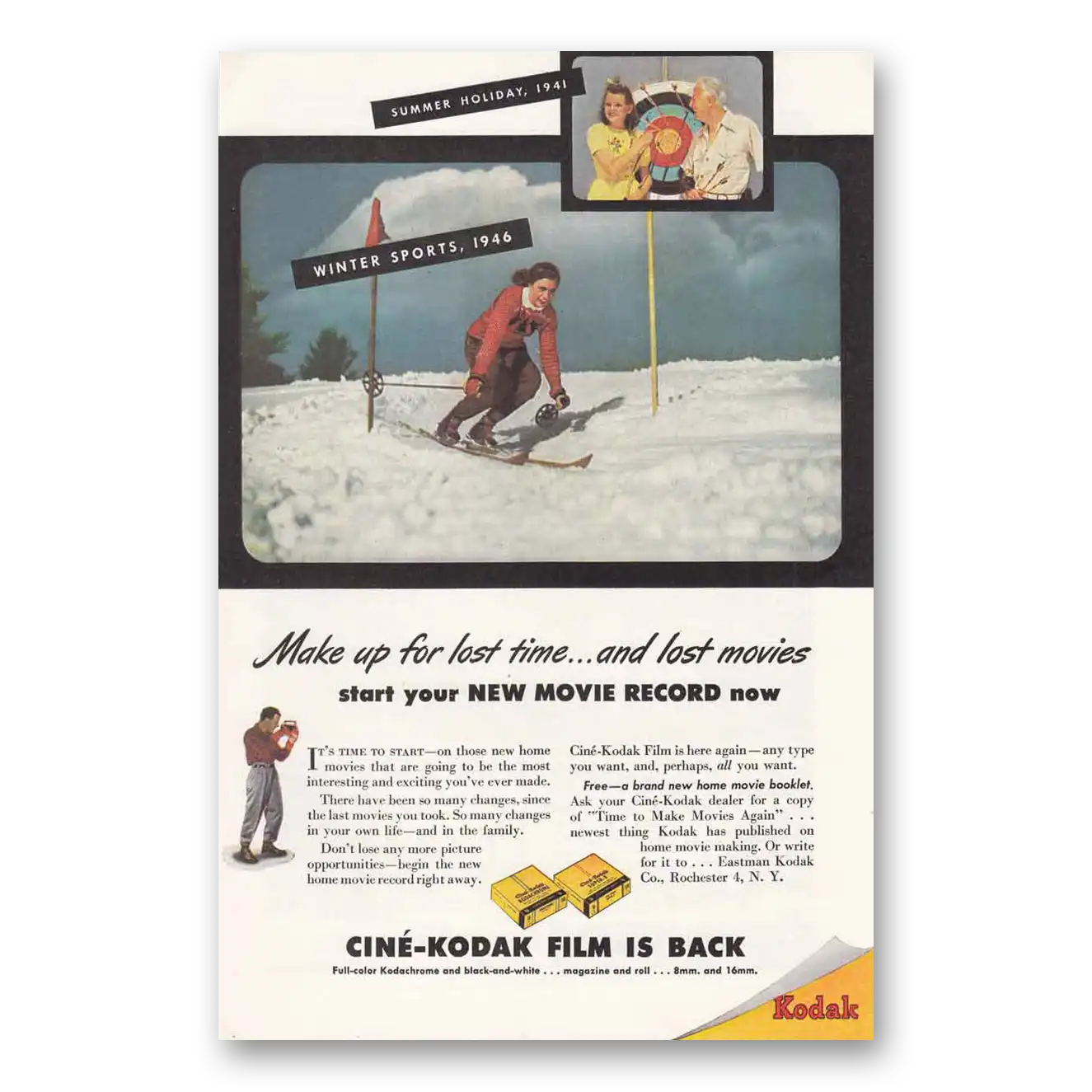 1946 Kodak Film Winter Sports New Movie Record Vintage Magazine Print Ad