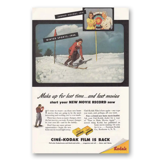 1946 Kodak Film Winter Sports New Movie Record Vintage Magazine Print Ad