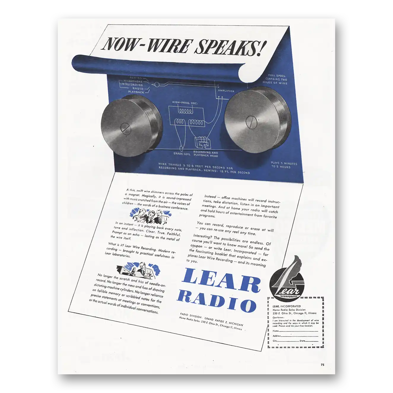 1946 Lear Radio Wire Speaks Vintage Magazine Print Ad