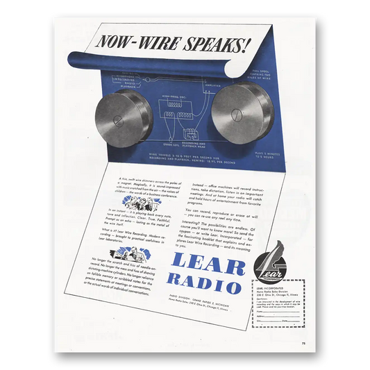 1946 Lear Radio Wire Speaks Vintage Magazine Print Ad