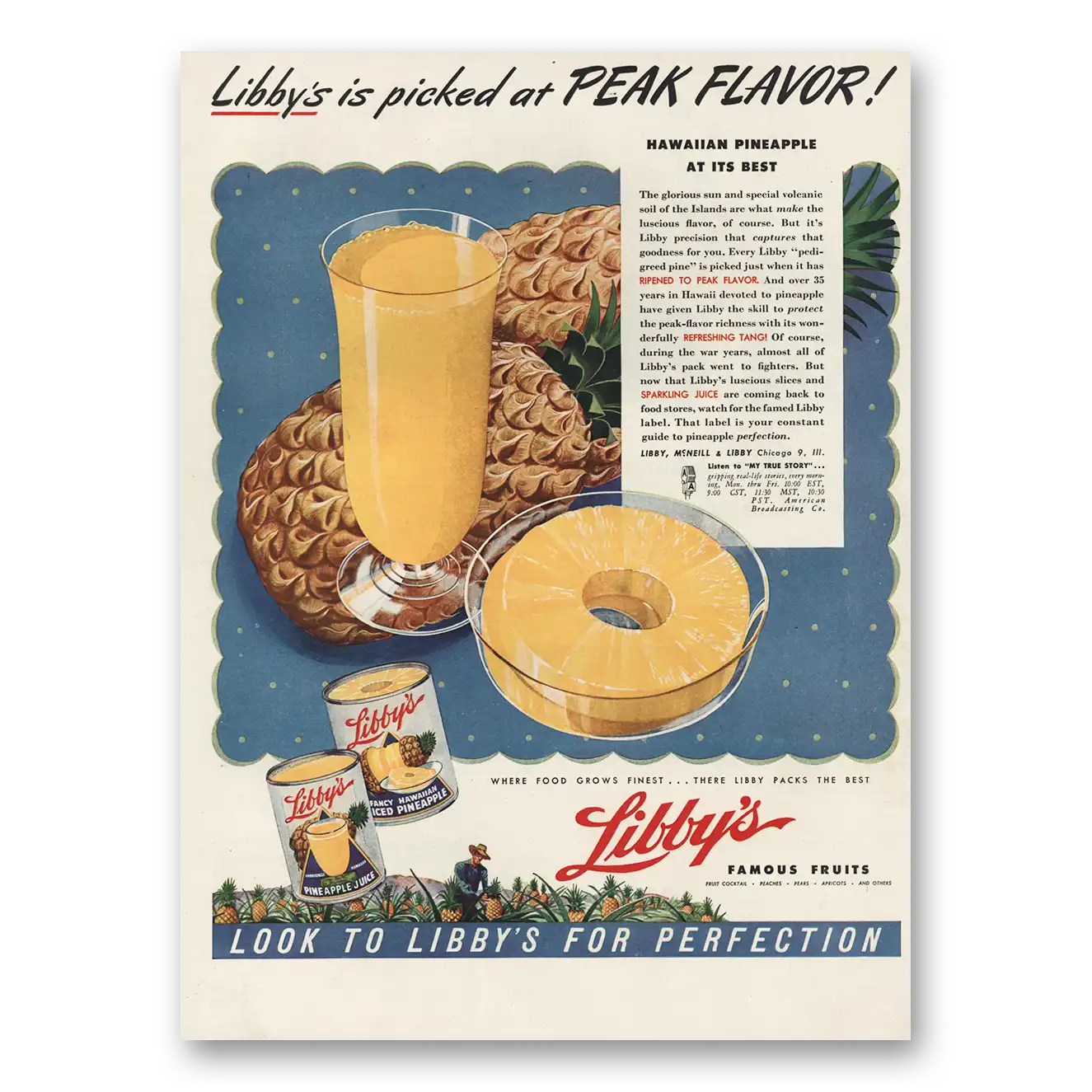 1946 Libbys Pineapple Picked at Peak Flavor Vintage Magazine Print Ad