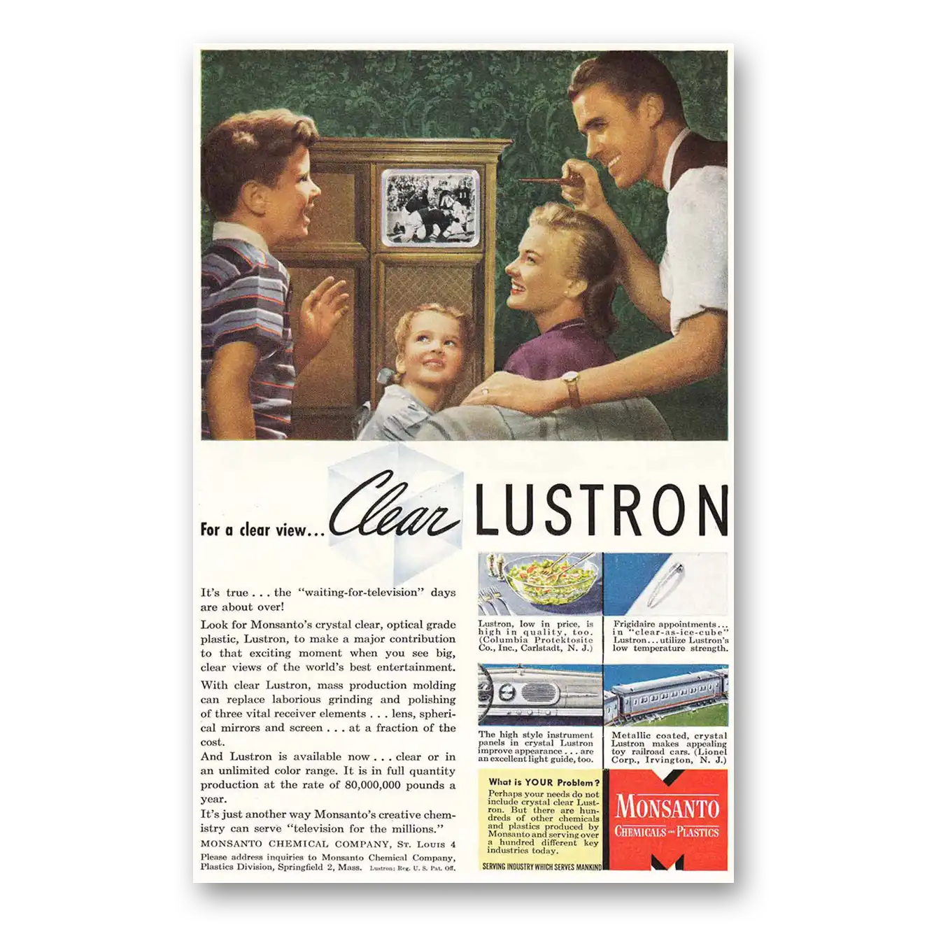 1946 Monsanto Clear Lustron Clear View Vintage Magazine Print Ad