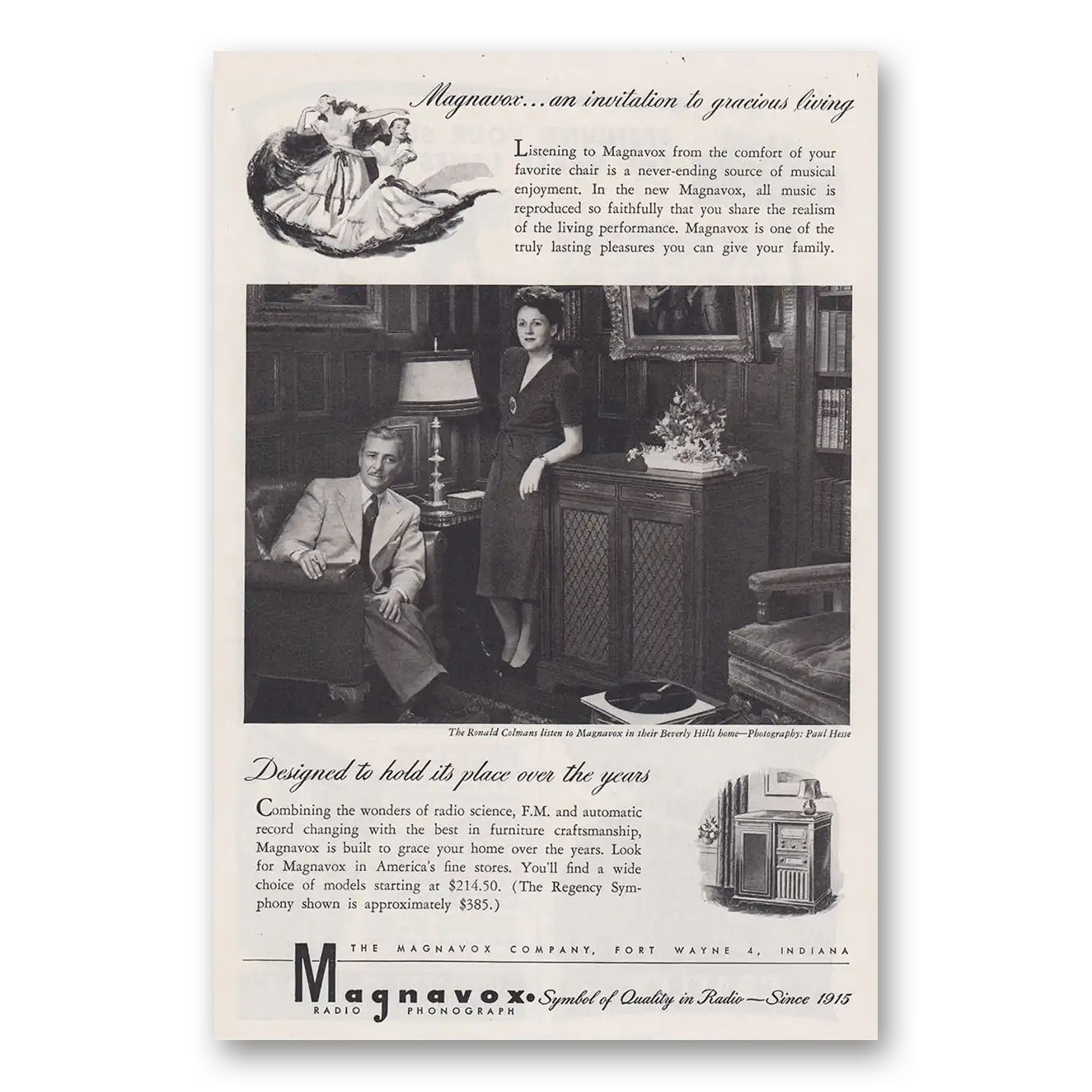 1946 Magnavox Radio Phonograph Invitation to Gracious Living Ronald Colman Vintage Magazine Print Ad