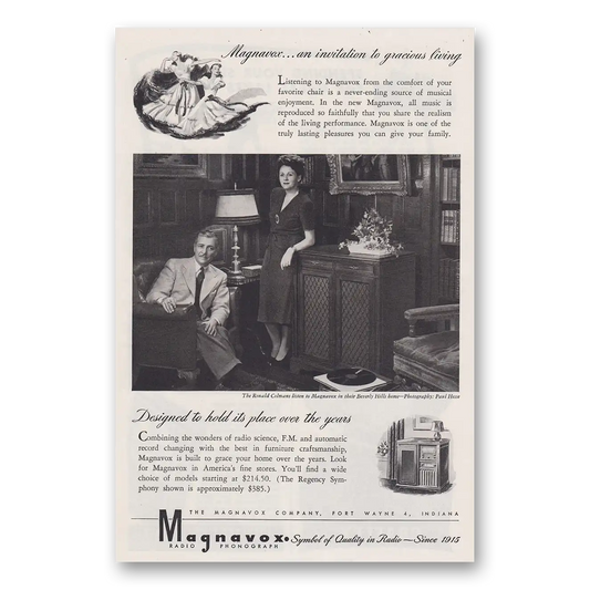 1946 Magnavox Radio Phonograph Invitation to Gracious Living Ronald Colman Vintage Magazine Print Ad