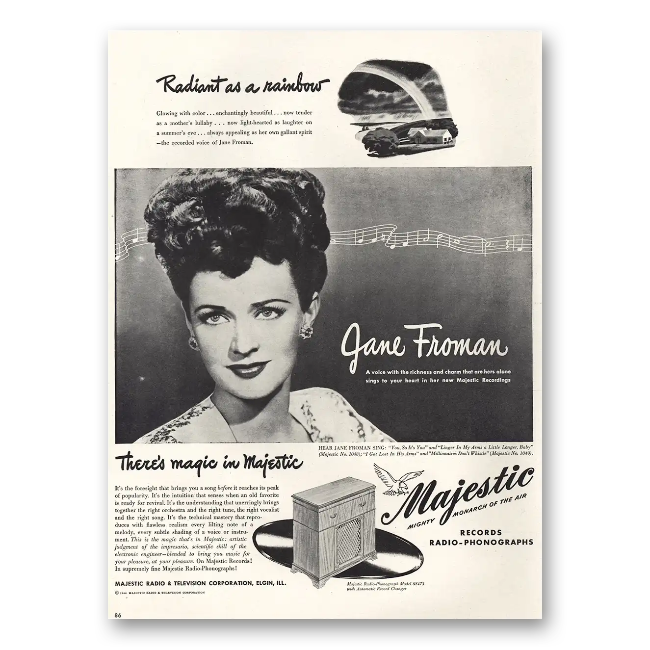 1946 Majestic Radio Phonographs Jane Froman Radiant As Rainbow Vintage Magazine Print Ad