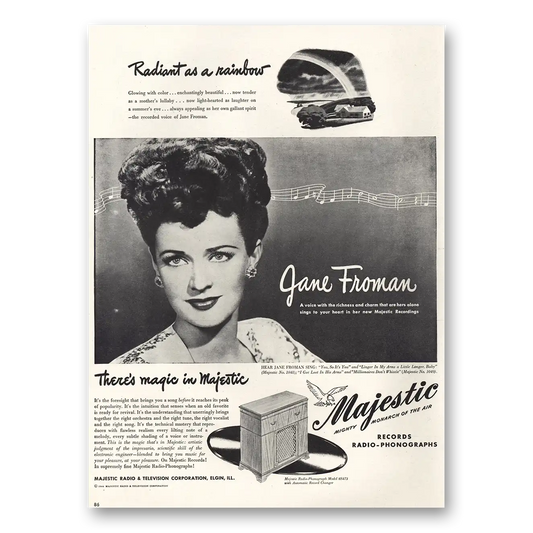 1946 Majestic Radio Phonographs Jane Froman Radiant As Rainbow Vintage Magazine Print Ad