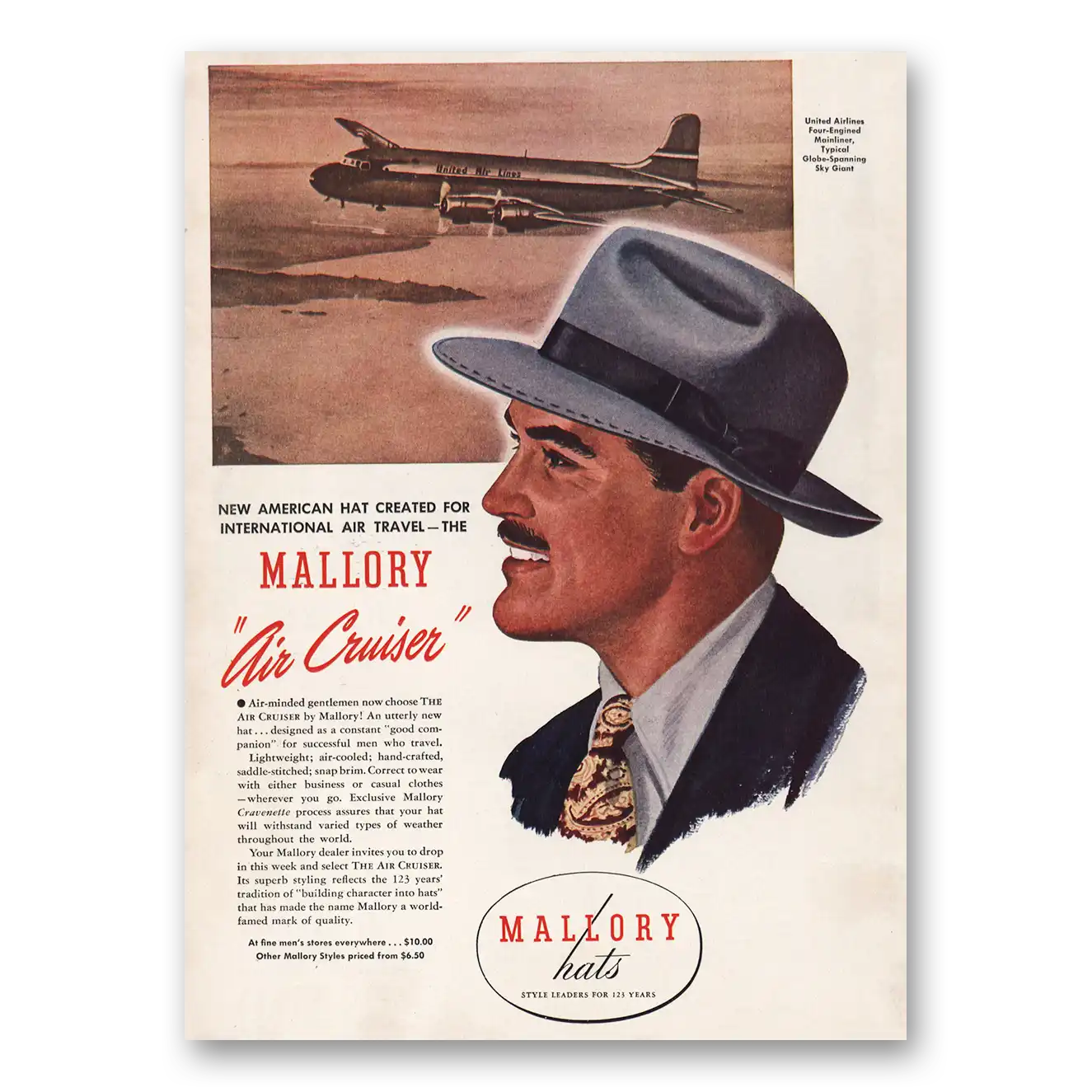 1946 Mallory Hats Air Cruiser United Airlines Vintage Magazine Print Ad