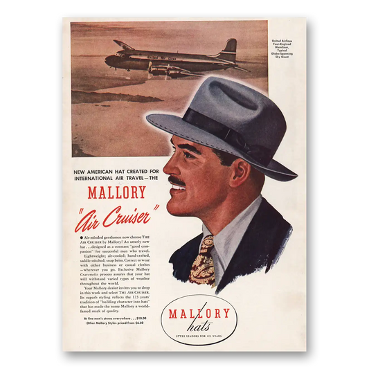 1946 Mallory Hats Air Cruiser United Airlines Vintage Magazine Print Ad