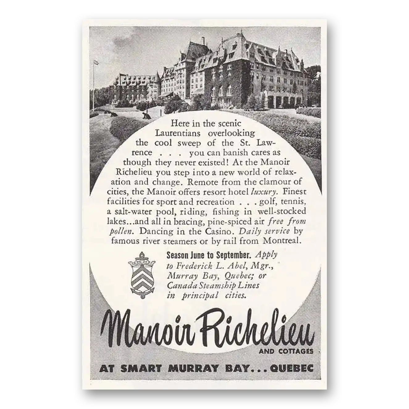 1946 Manoir Richelieu Scenic Laurentians Vintage Magazine Print Ad