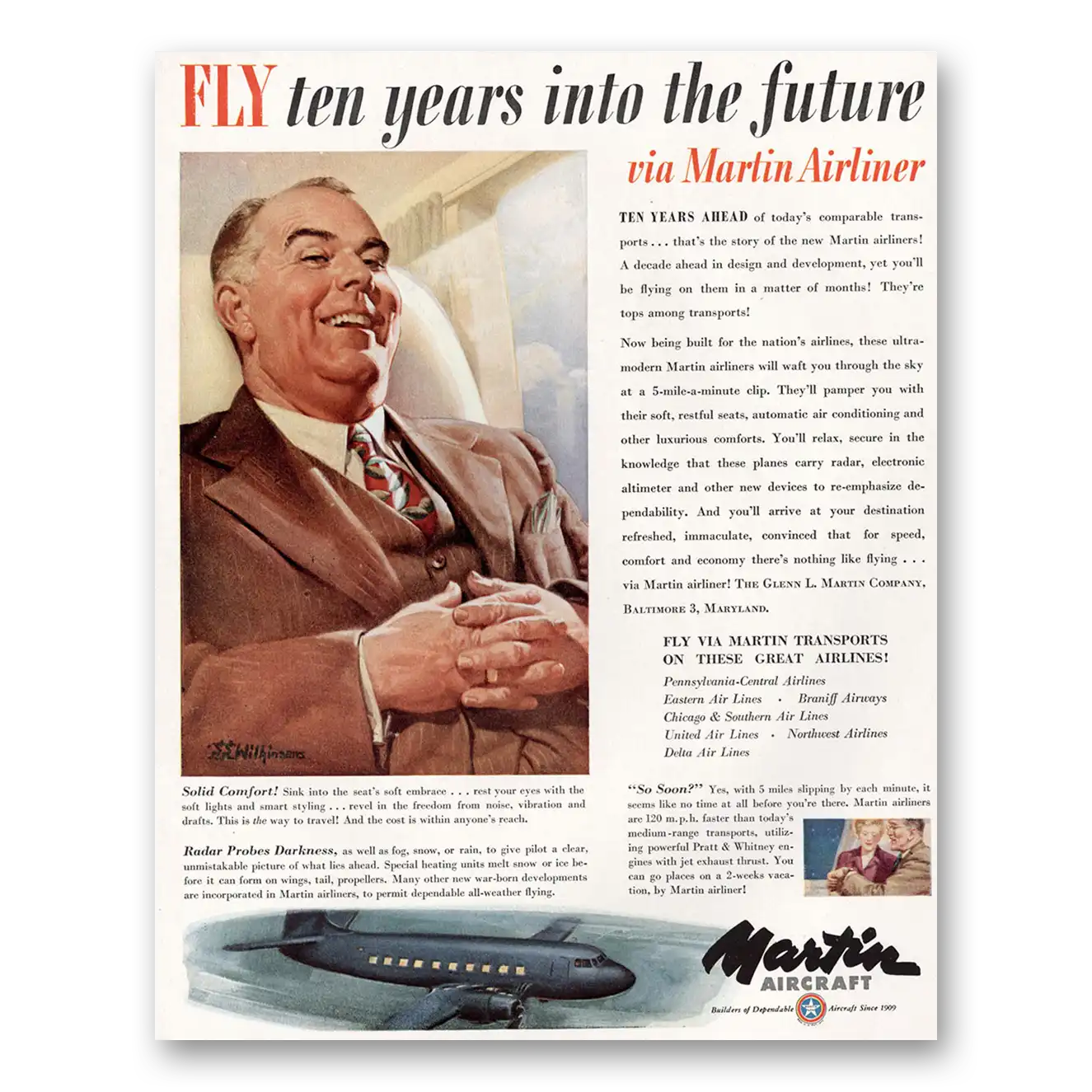 1946 Martin Airliner Fly Ten Years Into the Future Vintage Magazine Print Ad