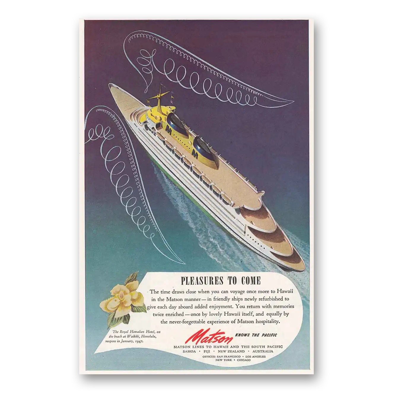 1946 Matson Line Pleasures to Come Vintage Magazine Print Ad