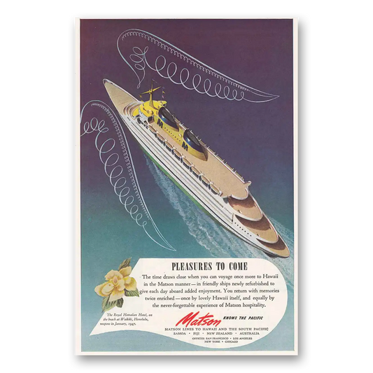 1946 Matson Line Pleasures to Come Vintage Magazine Print Ad