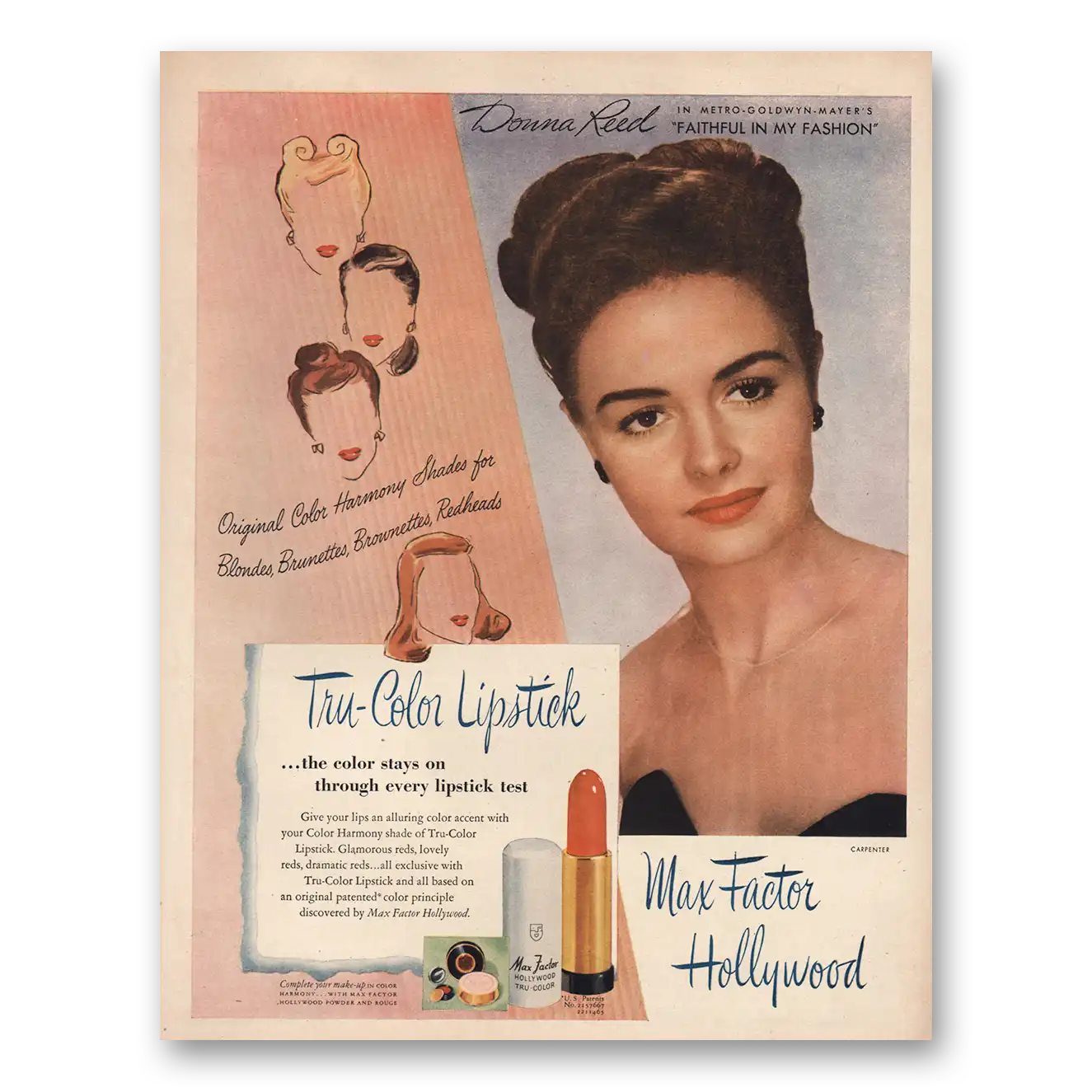 1946 Max Factor Lipstick Tru Color Lipstick Donna Reed Vintage Magazine Print Ad