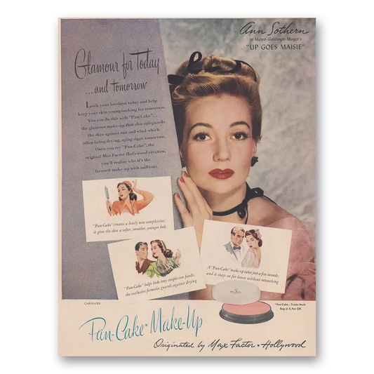 1946 Max Factor Pan Cake Make Up Ann Sothern Up Goes Maisie Vintage Magazine Print Ad