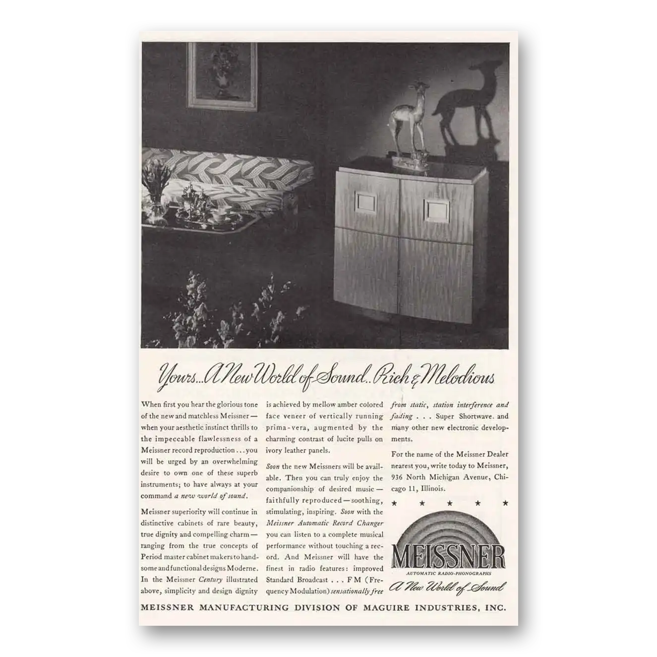 1946 Meissner Radio Phonograph New World of Sound Rich and Melodious Vintage Magazine Print Ad