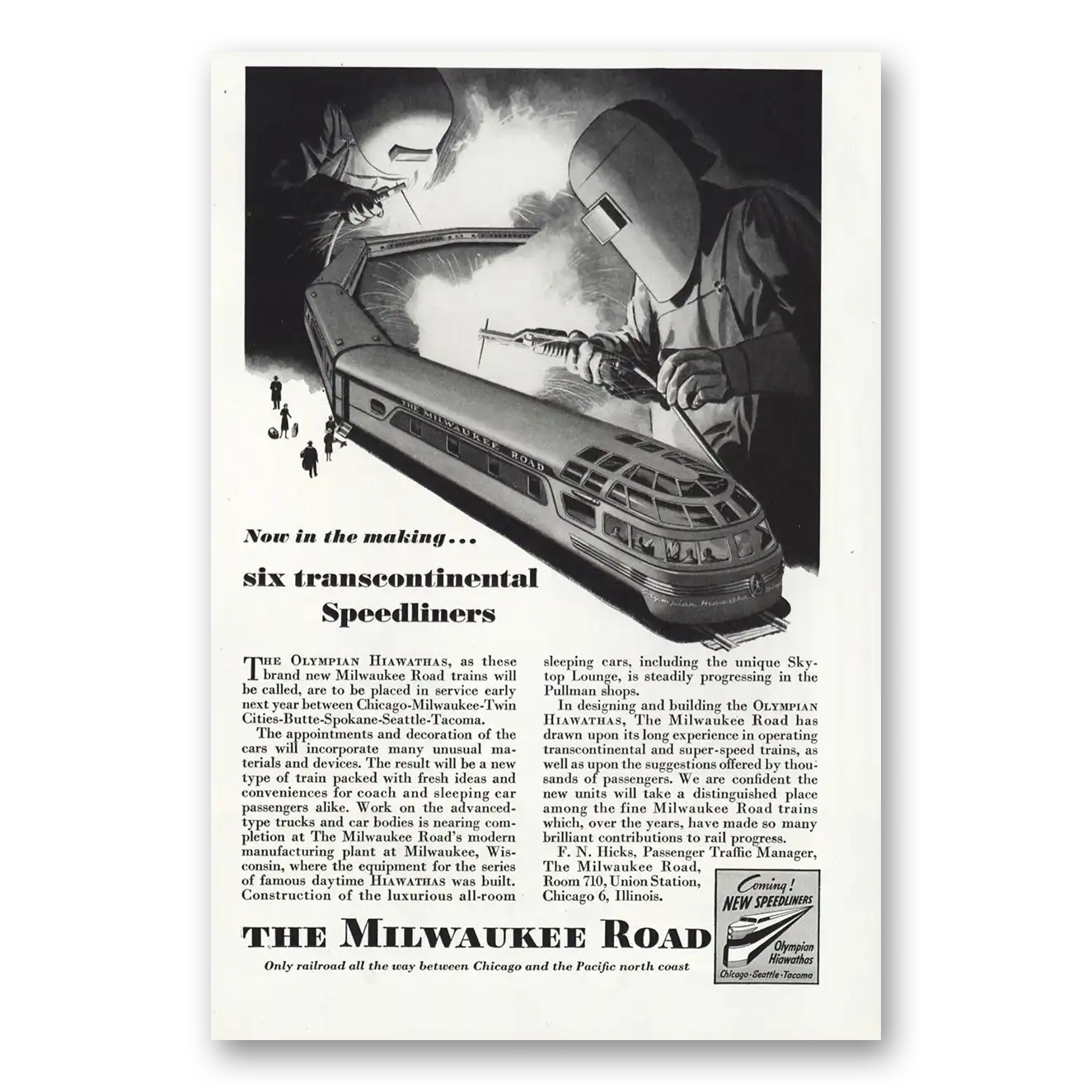 1946 Milwaukee Road Six Transcontinental Speedliners Vintage Magazine Print Ad