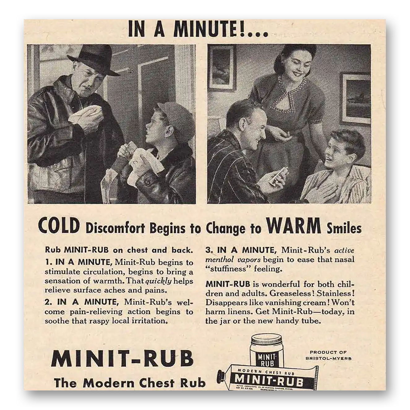 1946 Minit Rub Cold Discomfort Change to Warm Smiles Vintage Magazine Print Ad