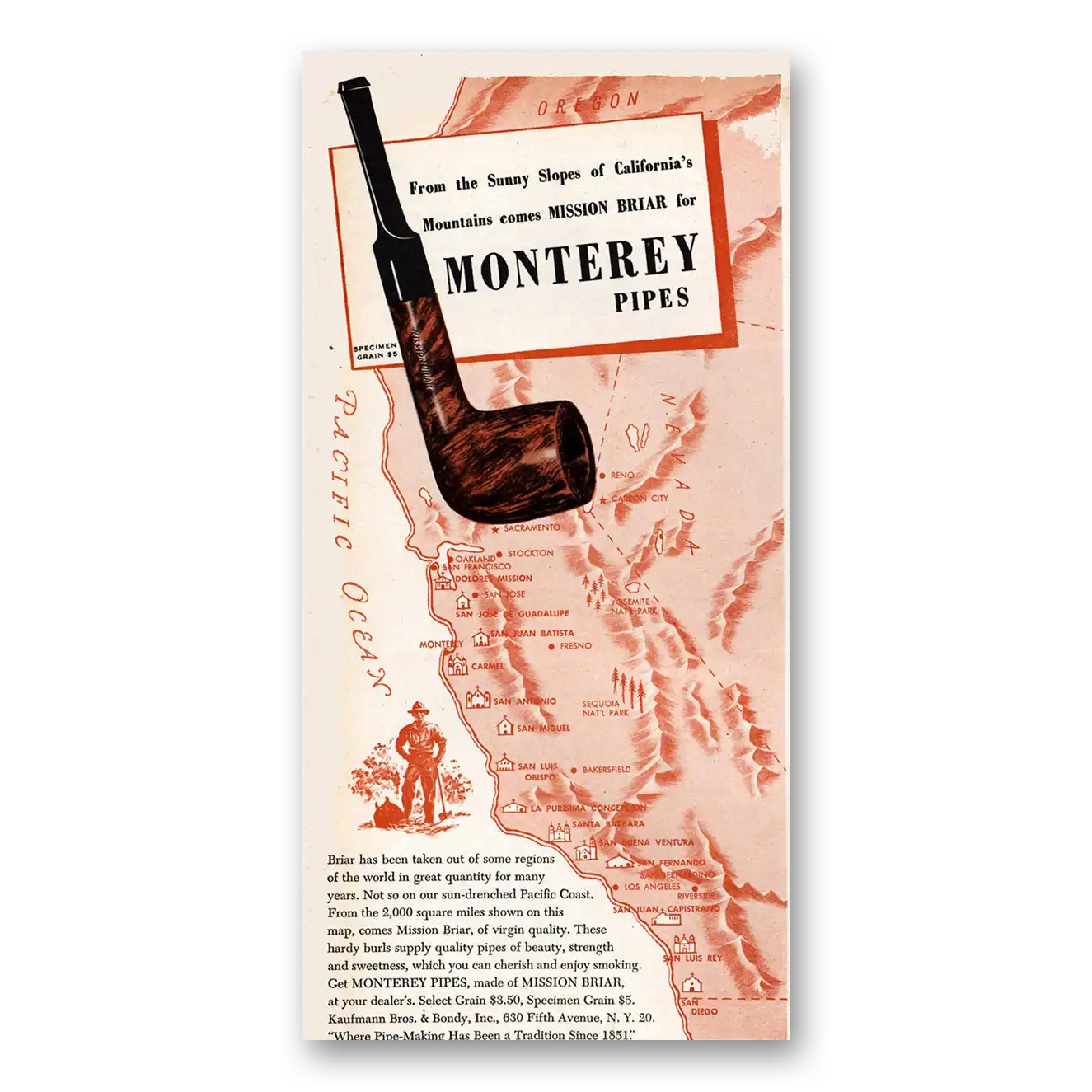 1946 Monterey Pipes Sunny Slopes of California Vintage Magazine Print Ad