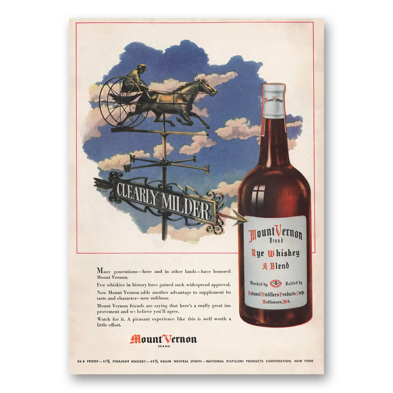 1946 Mount Vernon Whiskey Clearly Milder Horse Carriage Vintage Magazine Print Ad