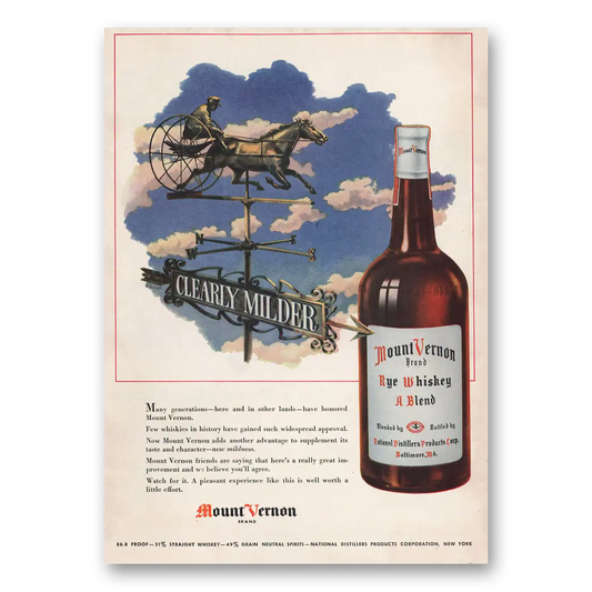 1946 Mount Vernon Whiskey Clearly Milder Horse Carriage Vintage Magazine Print Ad