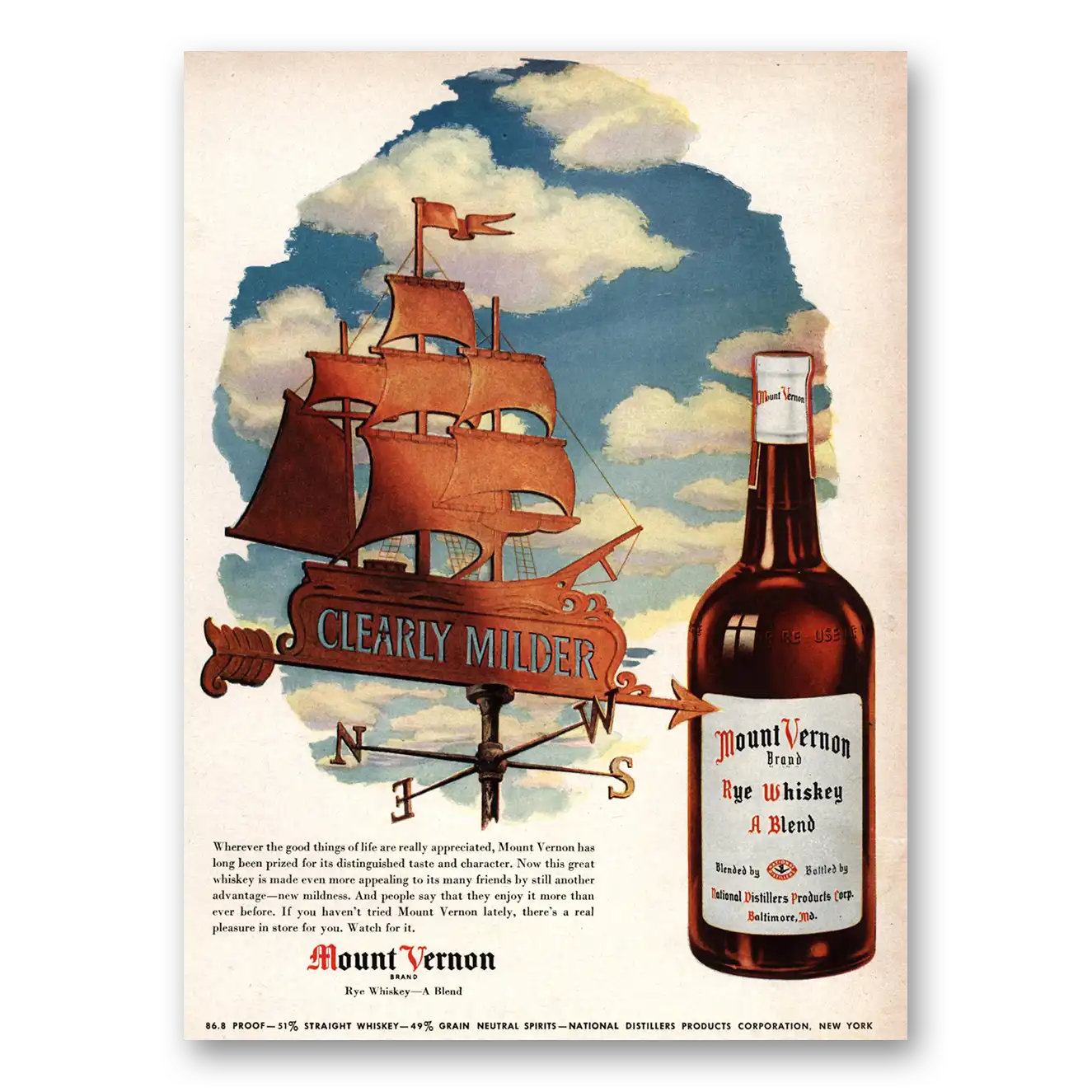 1946 Mount Vernon Whiskey Clearly Milder Vintage Magazine Print Ad