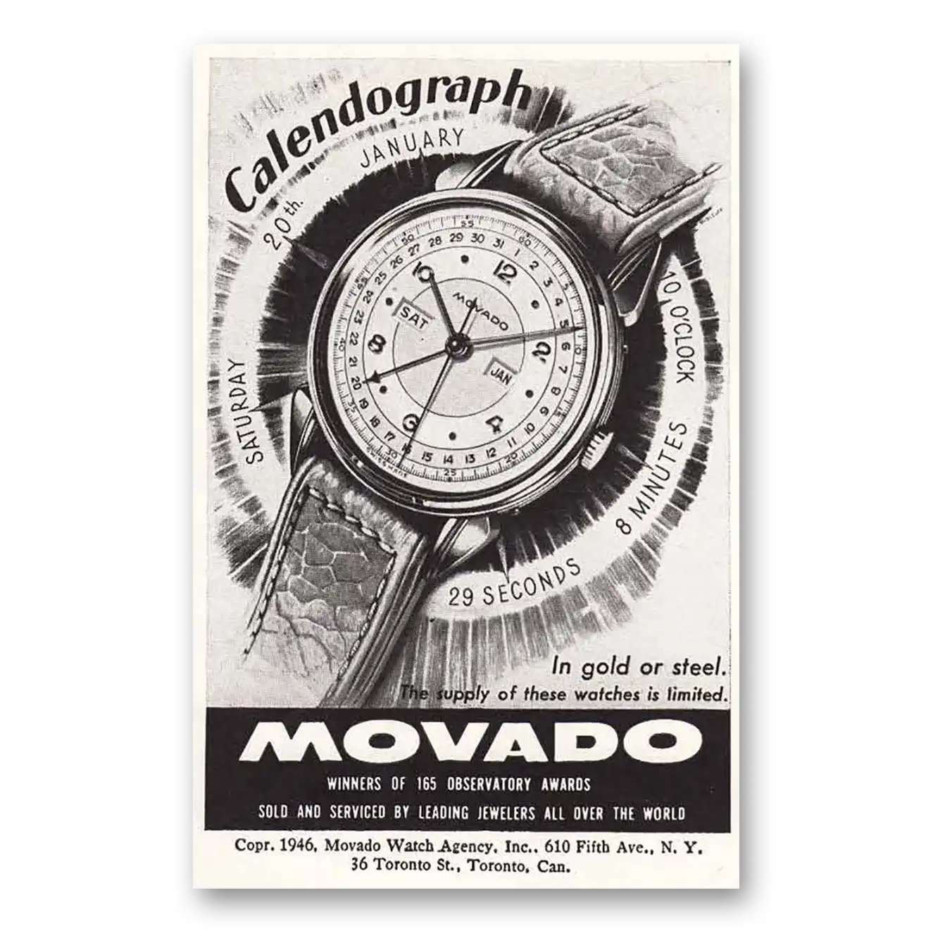 1946 Movado Watch Calendography Vintage Magazine Print Ad