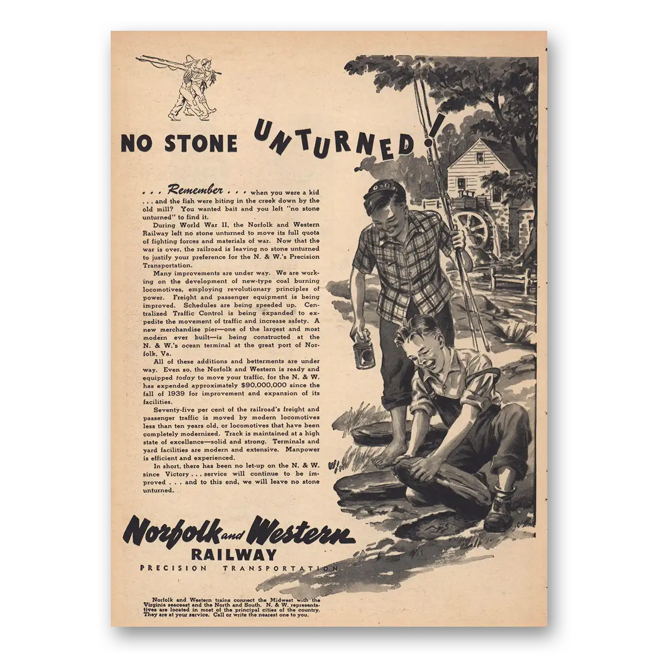 1946 Norfolk and Western Railway No Stone Unturned Vintage Magazine Print Ad