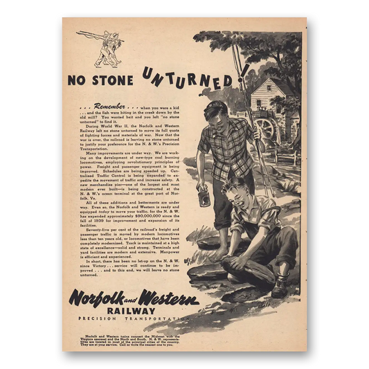 1946 Norfolk and Western Railway No Stone Unturned Vintage Magazine Print Ad