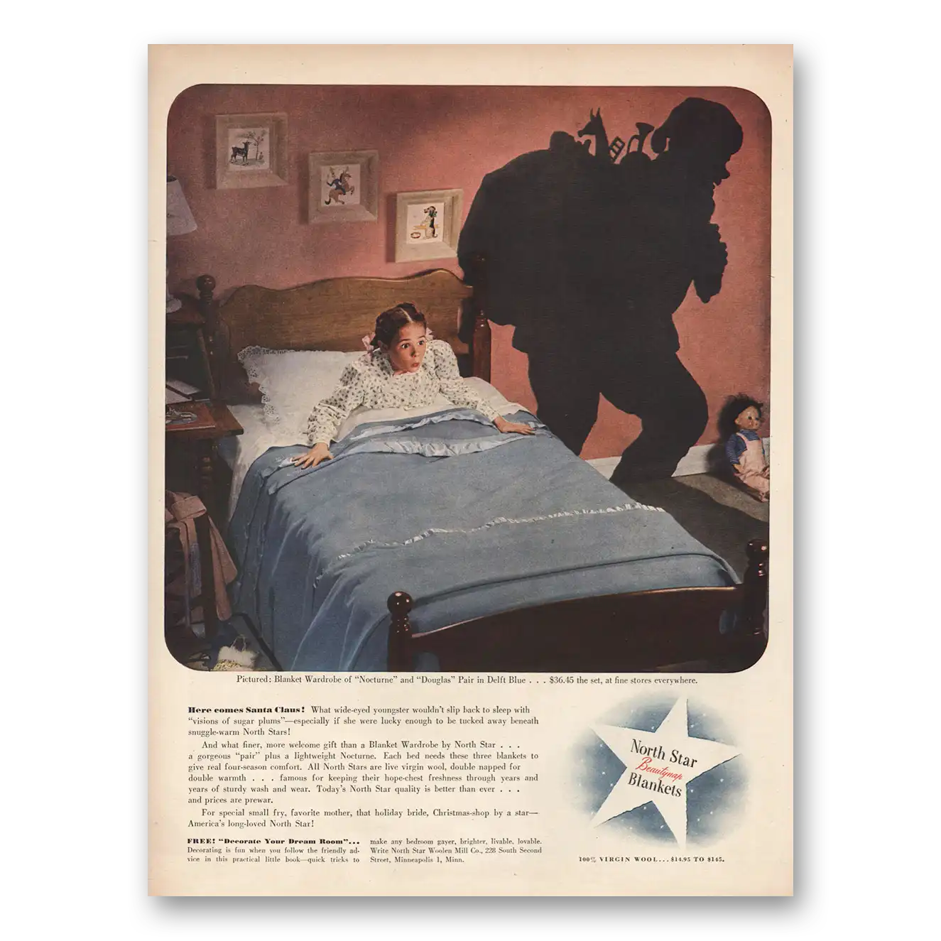 1946 North Star Blankets Here Comes Santa Claus Vintage Magazine Print Ad