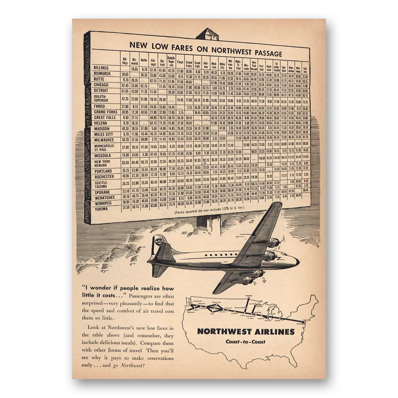 1946 Northwest Airlines New Low Fares On Northwest Passage Vintage Magazine Print Ad