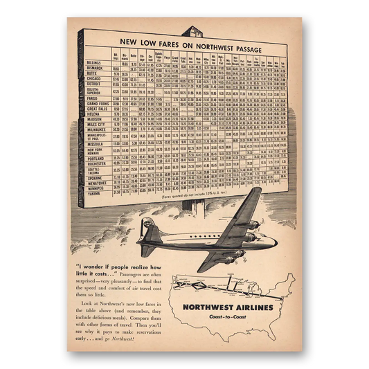 1946 Northwest Airlines New Low Fares On Northwest Passage Vintage Magazine Print Ad