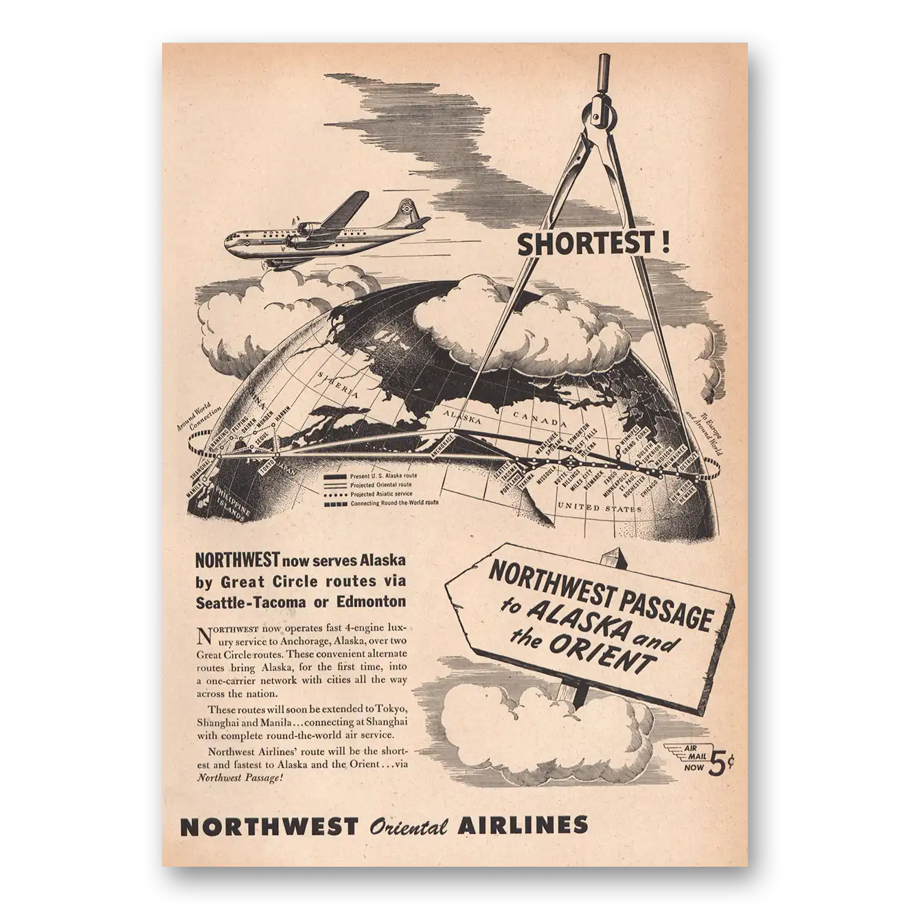 1946 Northwest Orient Shortest Vintage Magazine Print Ad