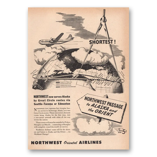 1946 Northwest Orient Shortest Vintage Magazine Print Ad