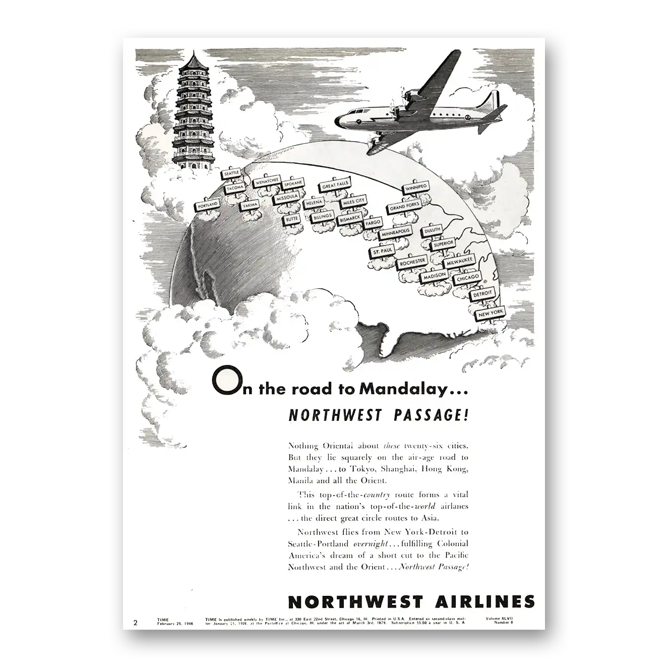 1946 Northwest Airlines On the Road to Mandalay Vintage Magazine Print Ad