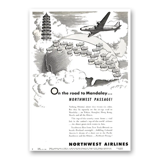 1946 Northwest Airlines On the Road to Mandalay Vintage Magazine Print Ad