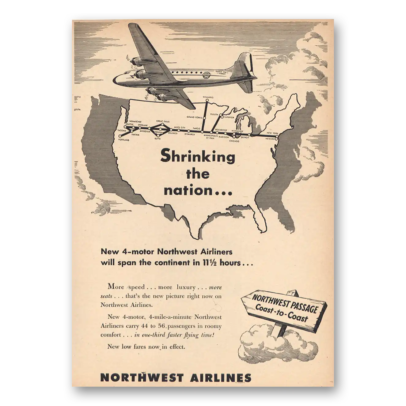 1946 Northwest Airlines Shrinking the Nation Vintage Magazine Print Ad